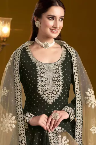 Black embroidery & sequins work chenderi anarkali churidar suit - free size stitching (size upto 42")