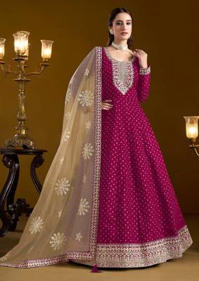 Pink embroidery & sequins work chenderi anarkali churidar suit - free size stitching (size upto 42") 1