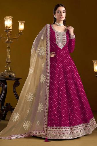 Pink embroidery & sequins work chenderi anarkali churidar suit - free size stitching (size upto 42")