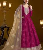 Pink embroidery & sequins work chenderi anarkali churidar suit - free size stitching (size upto 42")
