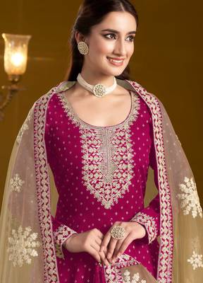 Pink embroidery & sequins work chenderi anarkali churidar suit - free size stitching (size upto 42") 2