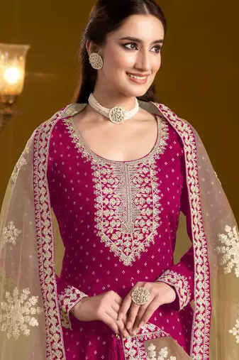 Pink embroidery & sequins work chenderi anarkali churidar suit - free size stitching (size upto 42")