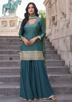 Blue embroidery & sequins work simar straight palazzo suit - free size stitching (size upto 42") 1
