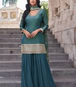 Blue embroidery & sequins work simar straight palazzo suit - free size stitching (size upto 42")