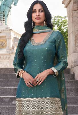Blue embroidery & sequins work simar straight palazzo suit - free size stitching (size upto 42") 2