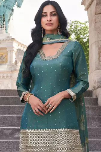 Blue embroidery & sequins work simar straight palazzo suit - free size stitching (size upto 42")