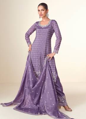 Purple embroidery & sequins work tissue crush straight palazzo suit - free size(size upto 42") 1