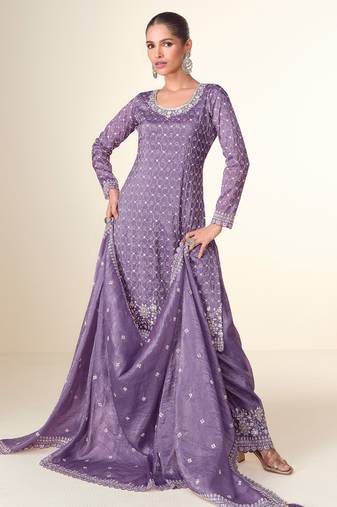 Purple embroidery & sequins work tissue crush straight palazzo suit - free size stitching (size upto 42")