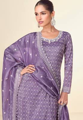 Purple embroidery & sequins work tissue crush straight palazzo suit - free size(size upto 42") 2