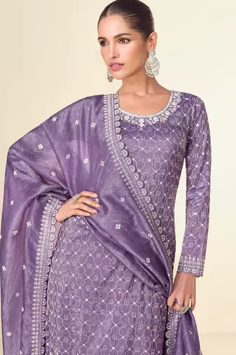 Purple embroidery & sequins work tissue crush straight palazzo suit - free size(size upto 42")