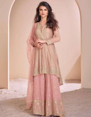 Light pink embroidery & sequins work georgette anarkali palazzo suit - free size stitching (size upto 42") 1