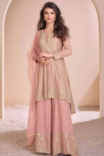 Light pink embroidery & sequins work georgette anarkali palazzo suit - free size stitching (size upto 42")