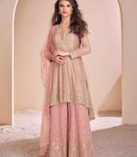 Light pink embroidery & sequins work georgette anarkali palazzo suit - free size stitching (size upto 42")