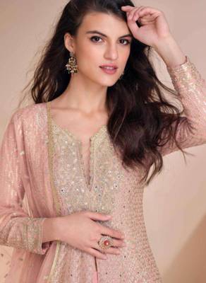 Light pink embroidery & sequins work georgette anarkali palazzo suit - free size stitching (size upto 42") 2