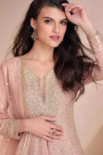 Light pink embroidery & sequins work georgette anarkali palazzo suit - free size stitching (size upto 42")