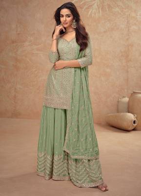 Green embroidery & sequins work chinnon straight palazzo suit - free size(size upto 42") 1