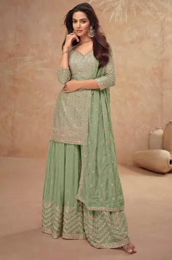 Green embroidery & sequins work chinnon straight palazzo suit - free size stitching (size upto 42")