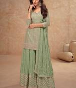 Green embroidery & sequins work chinnon straight palazzo suit - free size(size upto 42")