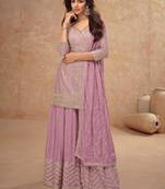 Lilac embroidery & sequins work chinnon straight palazzo suit - free size(size upto 42")