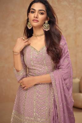 Lilac embroidery & sequins work chinnon straight palazzo suit - free size(size upto 42") 2
