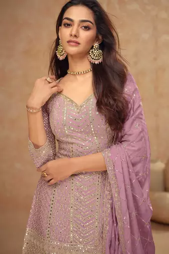Lilac embroidery & sequins work chinnon straight palazzo suit - free size(size upto 42")