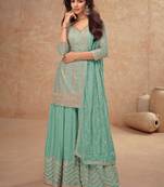 Turquoise blue embroidery & sequins work chinnon straight palazzo suit - free size stitching (size upto 42")