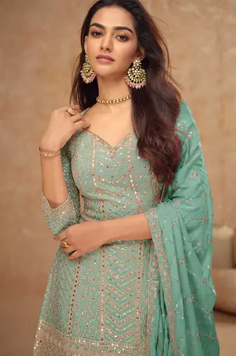 Turquoise blue embroidery & sequins work chinnon straight palazzo suit - free size stitching (size upto 42")
