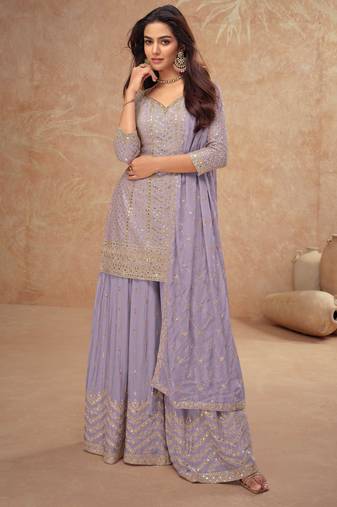 Lavender embroidery & sequins work chinnon straight palazzo suit - free size stitching (size upto 42")