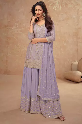 Lavender embroidery & sequins work chinnon straight palazzo suit - free size stitching (size upto 42")