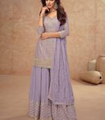 Lavender embroidery & sequins work chinnon straight palazzo suit - free size(size upto 42")