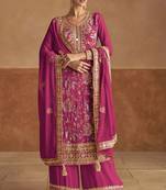 Pink embroidery thread & sequins work chinnon straight palazzo suit - free size stitching (size upto 42")