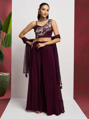 Brown embroidery, thraed, sequins & beads work georgette blouse palazzo suit - free size stitching (size upto 42") 1
