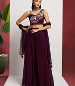 Brown embroidery, thraed, sequins & beads work georgette blouse palazzo suit - free size stitching (size upto 42")