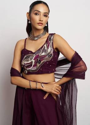 Brown embroidery, thraed, sequins & beads work georgette blouse palazzo suit - free size stitching (size upto 42") 2
