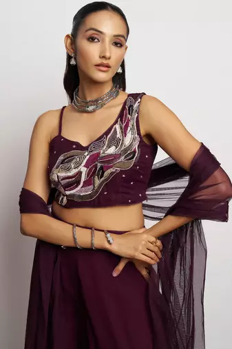 Brown embroidery, thraed, sequins & beads work georgette blouse palazzo suit - free size stitching (size upto 42")