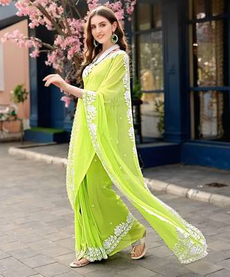 Parrot Green soft georgette Chikankari Embroidered Saree 4