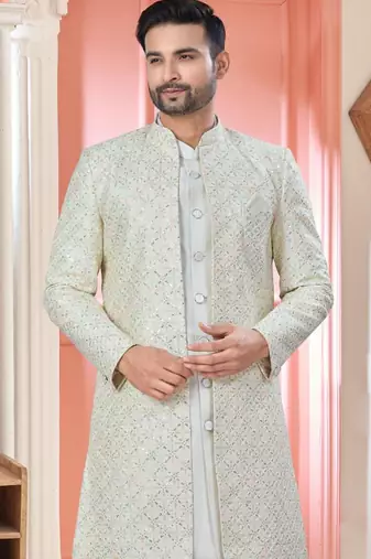 Off white art silk embroidery kurta pyjama with sequence work long jacket indo western for mens wear