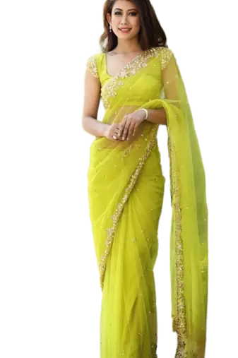 Parrot Green soft Nylon Net Zari Embroidered Saree