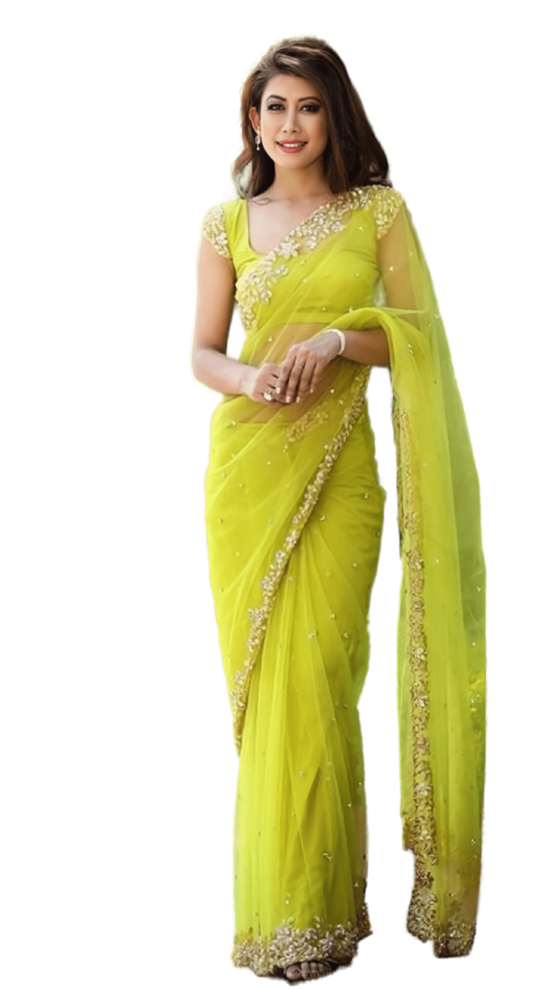 Parrot Green soft Nylon Net Zari Embroidered Saree