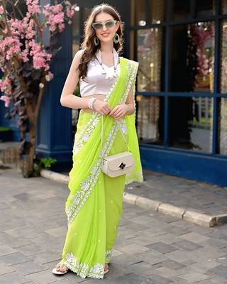 Parrot Green soft georgette Chikankari Embroidered Saree 5