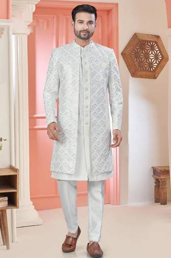 White art silk embroidery kurta pyjama with sequence work long jacket indo western for mens wear