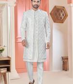 White art silk embroidery kurta pyjama with sequence work long jacket indo western for mens wear