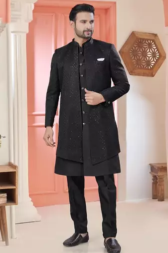 Black art silk embroidery kurta pyjama with sequence work long jacket indo western for mens wear