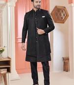 Black art silk embroidery kurta pyjama with sequence work long jacket indo western for mens wear