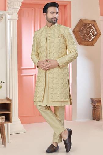 Golden art silk embroidery kurta pyjama with sequence work long jacket indo western for mens wear
