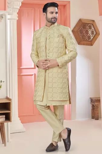 Golden art silk embroidery kurta pyjama with sequence work long jacket indo western for mens wear