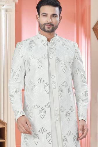 White art silk embroidery kurta pyjama with sequence work long jacket indo western for mens wear