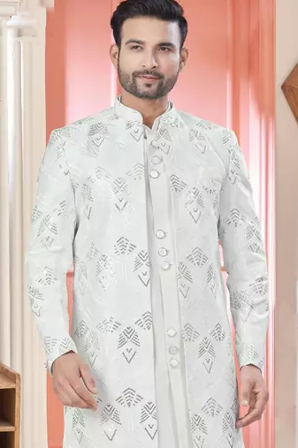 White art silk embroidery kurta pyjama with sequence work long jacket indo western for mens wear