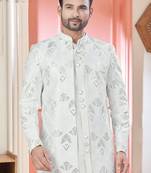 White art silk embroidery kurta pyjama with sequence work long jacket indo western for mens wear