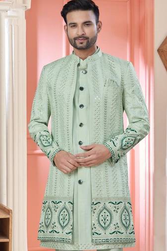 Pista art silk embroidery kurta pyjama with sequence work long jacket indo western for mens wear